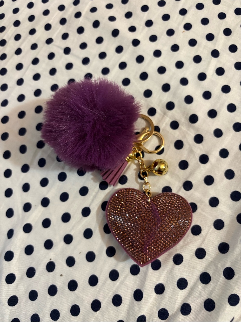 Unbranded Purple Heart Pom Pom Keychain with Rhinestone Heart